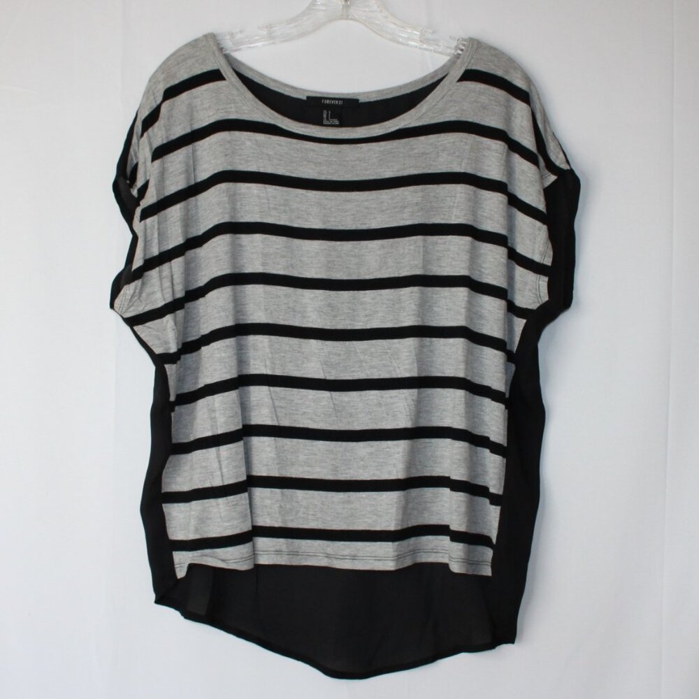 FOREVER 21 WOMENS GRAY BLACK SLEEVELESS TOP BLOUSE SZ L STRIPE HI LOW SHEER BACK